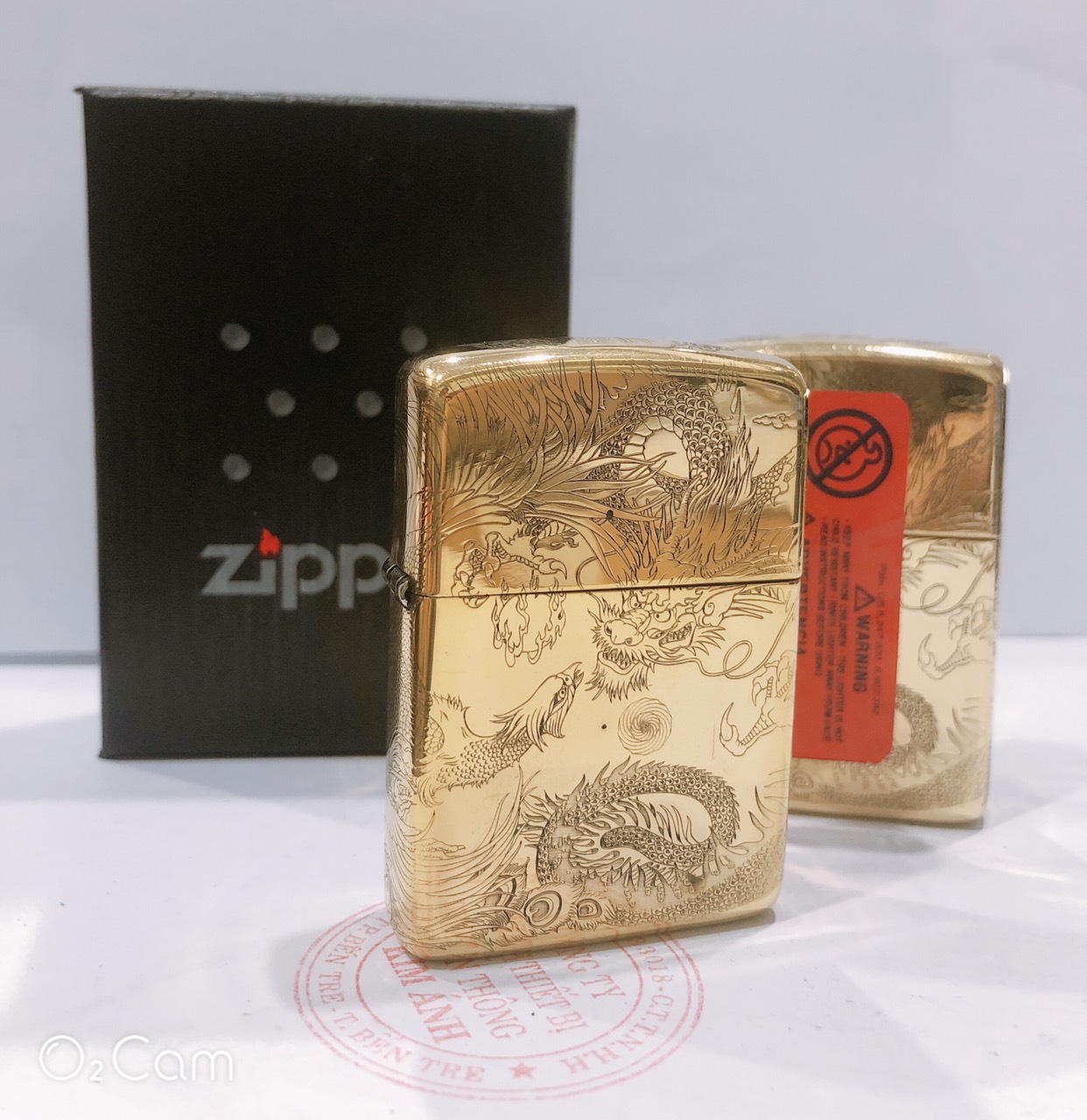 Hộp quẹt Zippo Armor vỏ dầy, khắc chìm chủ đề Long Phụng Tranh Châu, Hàng loại 1 vỏ bằng đồng có tem đỏ
