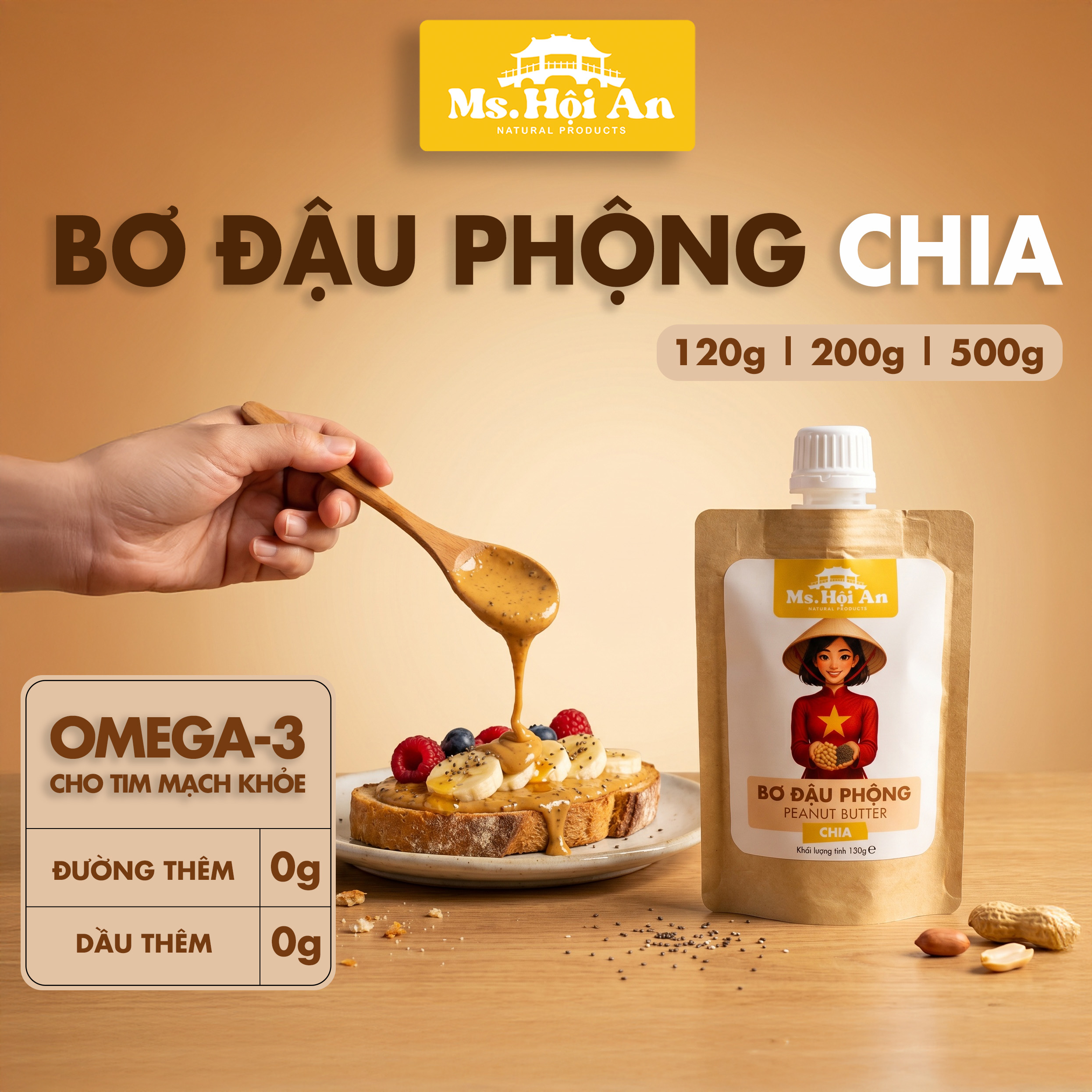 Bơ Đậu Phộng Hạt Chia Ms. Hoi An - Không Đường Không Dầu - Giàu Omega-3 Thuần Chay Eat Clean
