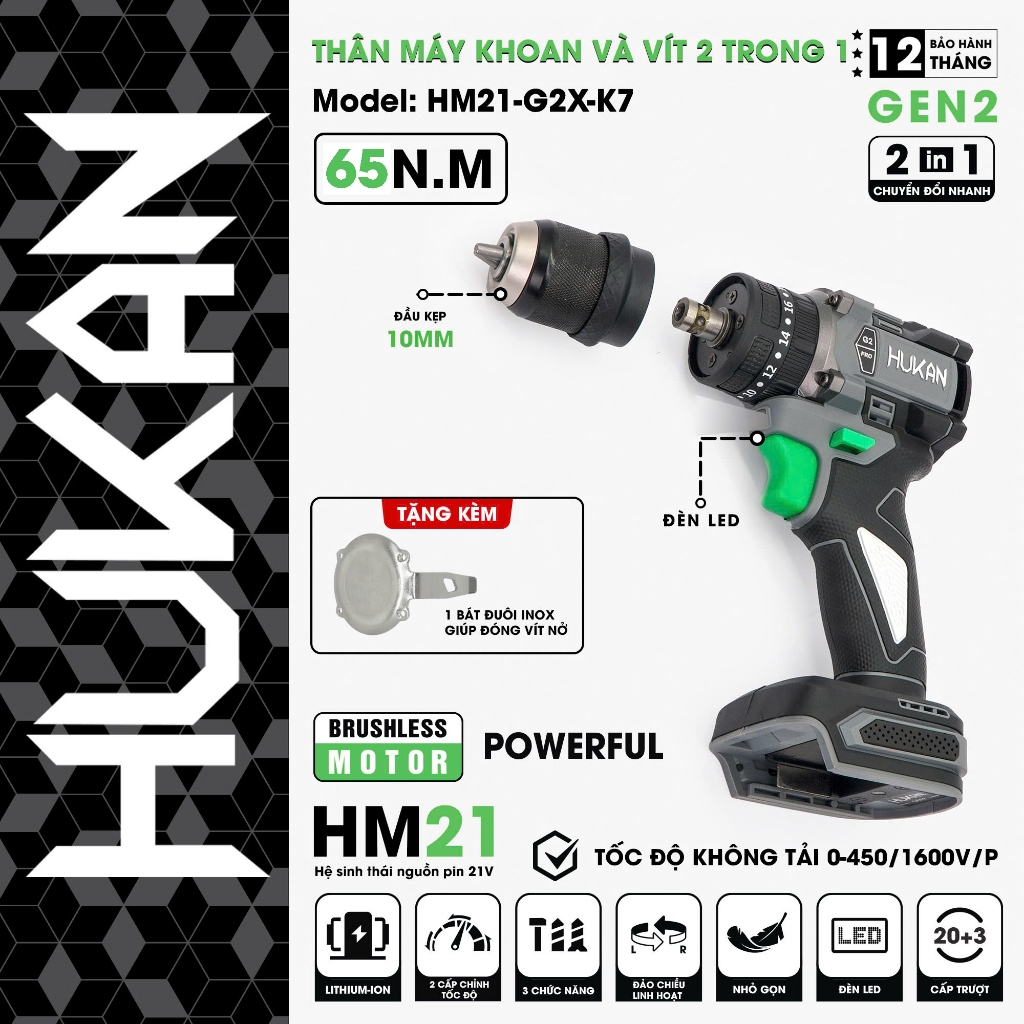 Máy khoan pin kèm bắɴ vít HUKAN HM21-G2C-K7 Không Chổi Than Chuyên khoan tường khoan sắt gỗ bắt vít