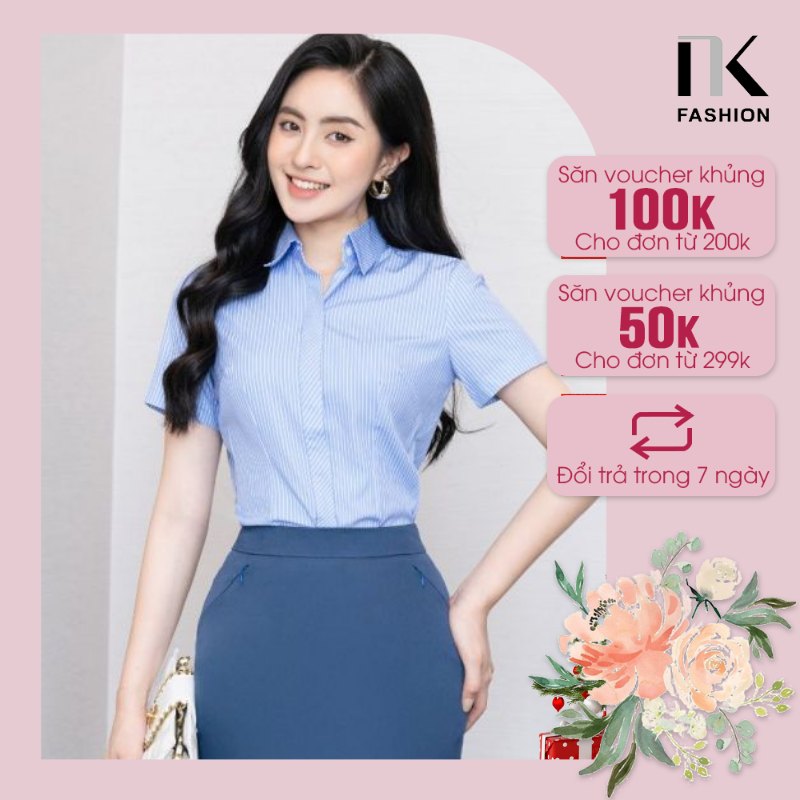 Sơ mi kẻ cộc tay nk fashion nksm2106001 ôm dáng eo nhẹ dành cho nữ chất liệu hàn mềm mịn chuẩn form