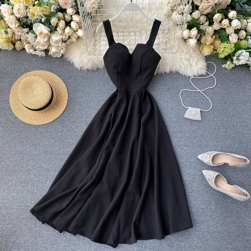 2020 Mẫu Mới Cảm Hứng Thiết Kế Nhỏ Tâm Cơ Cổ Chữ V Hở Lưng Phong Cách Retro Một Màu Bó Eo Tôn Dáng Đầm Váy Dài Nữ ĐầM