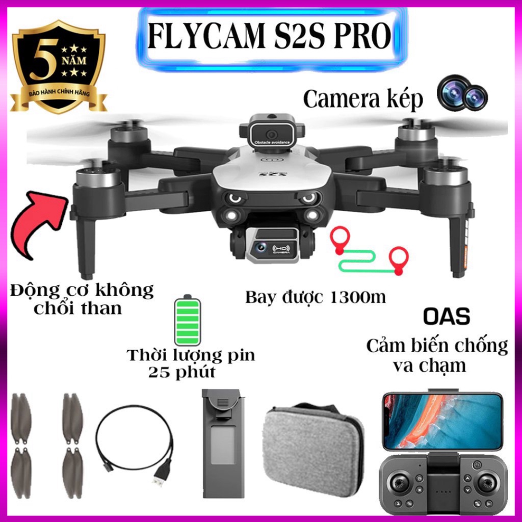 Flycam S2S Pro Max-Tích hợp chống rung-Tránh trứng ngoại vật-Pin 2000mah bay được 25 phút,kết nối với điện thoại