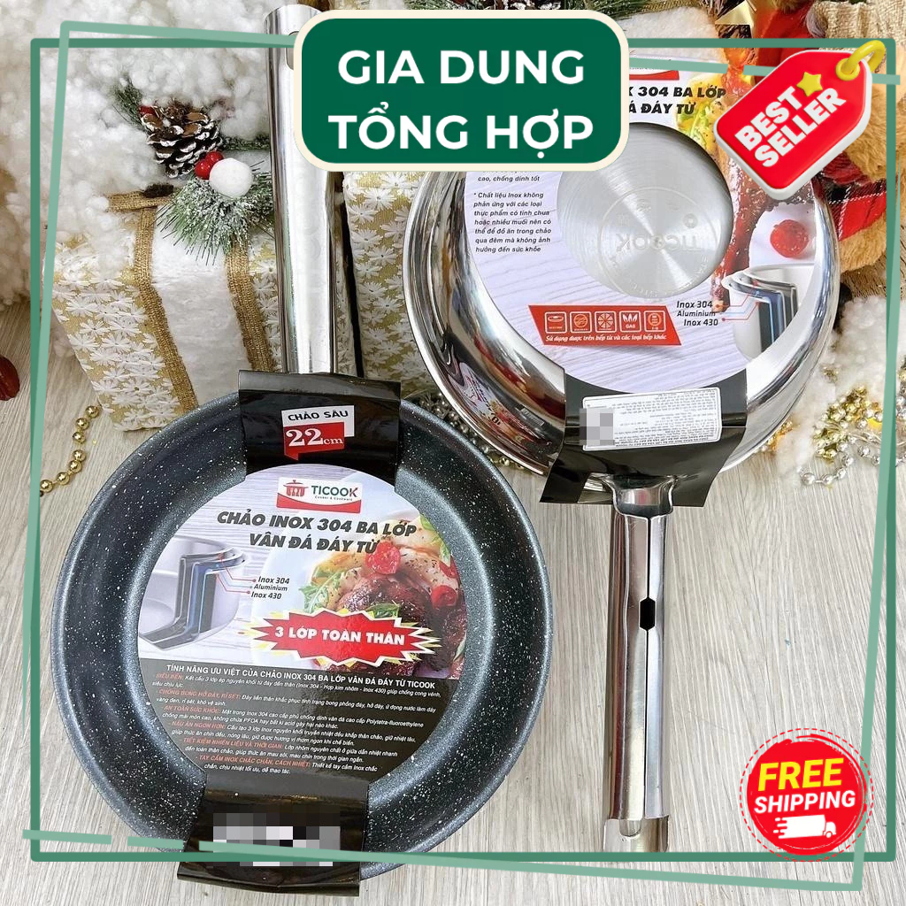 Chảo Đa Năng Inox 304 3Lớp Vân Đá Đáy Từ Ticook 7 Size 20cm - 32cm