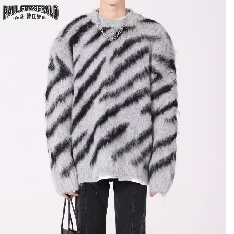 Paul fitzgerald Áo Khoác sweater Dệt Kim Dày Dáng Rộng Cổ Tròn In Họa Tiết Ngựa Vằn Thời Trang Thu Đông Cho Nam