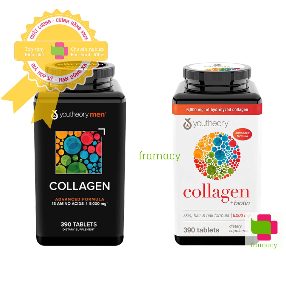 Viên uống Collagen và Biotin Youtheory, Mỹ (390v) giúp làm đẹp da, móng chắc khỏe, tóc óng mượt