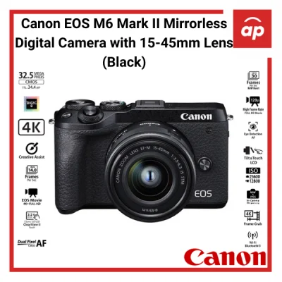 (12 + 3months Warranty) Canon EOS M6 Mark II Mirrorless Digital Camera with 15-45mm Lens (Black / Silver) + Freegifts