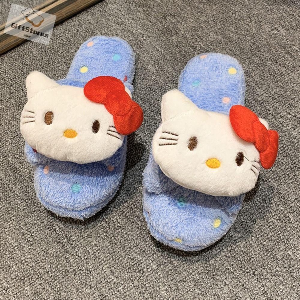 GIFTSTORES Mèo Kitty Dép Lông Mùa Đông Nơ Chấm Dép nữ Thời trang Chống trượt Dép đế bằng Phụ nữ