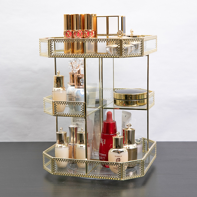 Transparent Glass Rotating Cosmetic Storage Box - Metal Perfume Organizer for Dressing Table Presyo 2,549 Piso*Libreng Shipping
