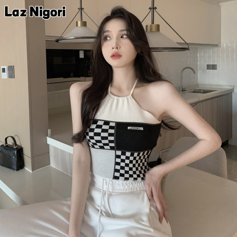 Laz Nigori Women's Checkered Halter Neck Crop Top with Unique Design ราคา 69 บาท*ส่งฟรี