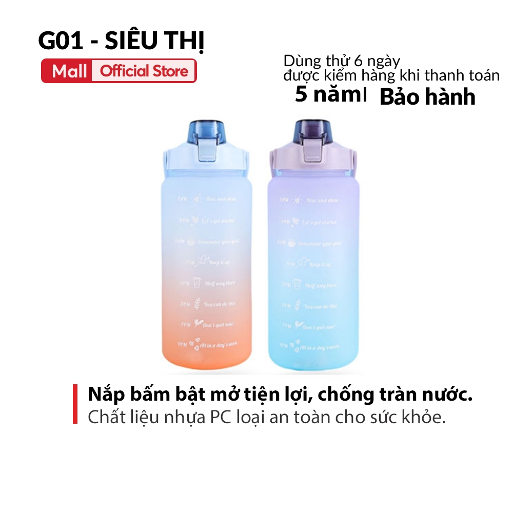 Bình nước 2000ml G01 kèm stikers nhắc nhở uống nước mỗi ngày có ống hút vạch chia cho học sinh, văn phòng