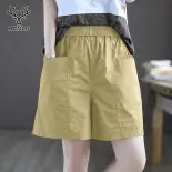 Hanlu Quần short ống rộng cotton cho nữ, thiết kế năm túi vừa rộng thường ngày mùa hè cạp cao