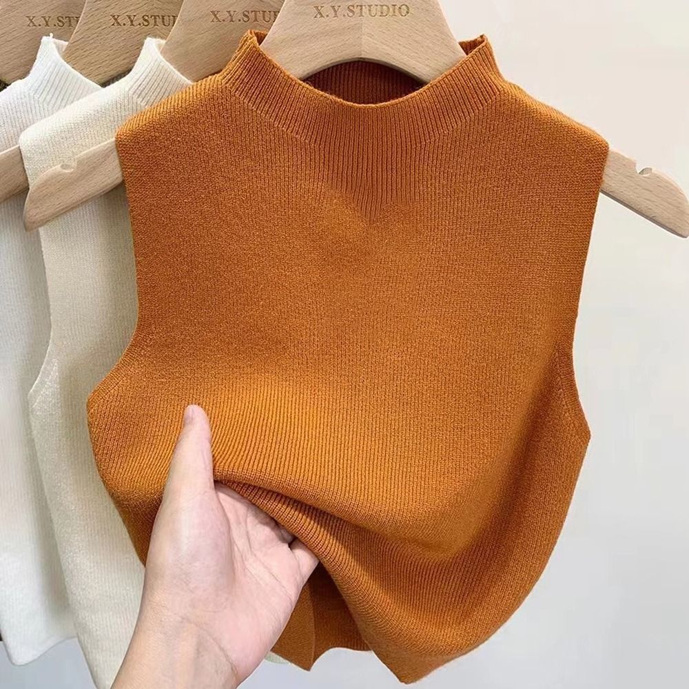 BEYO7 Cổ Lọ Áo Gi-lê dệt  Màu trơn Không tay Áo ba lỗ Thanh lịch Giảm béo Áo lửng Phụ nữ