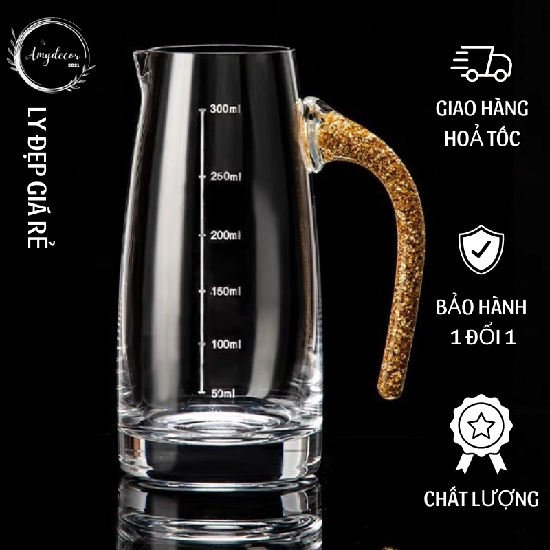 Bình rót rượu chia vạch, ấm rót rượu, bình chia rượu pha lê chia vạch có tay cầm, thuỷ tinh cao cấp, dung tích 300ml