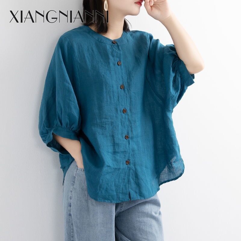 XIANG NIAN NI Women's Retro Loose Version Linen Shirt Lantern Sleeve Button Sleeve Top 2025 ราคา 170 บาท*ส่งฟรี
