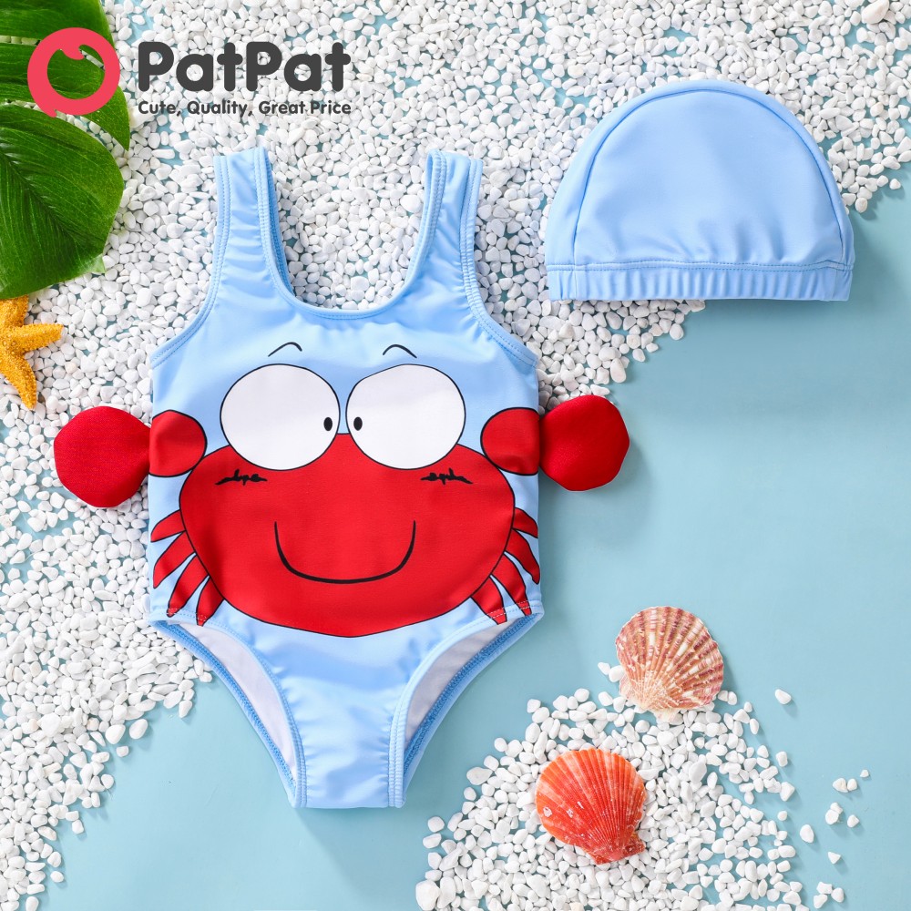 PatPat Baby Girl Boy Childlike 3D Animal Pattern Swimsuit and Hat Set