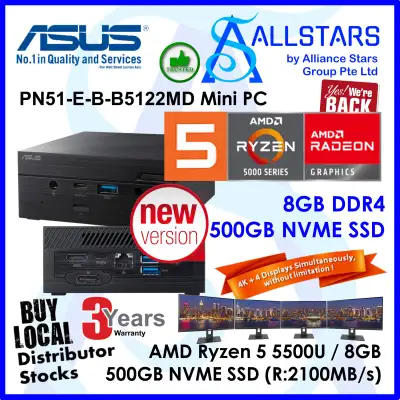 (ALLSTARS : We are Back/ Mini PC Promo) ASUS PN51 Ryzen5 5500U / PN51-E-B-B5122D +8GB 3200MHz+500GB NVME SSD+Unactivated MS Win10 Home (AMD Ryzen 5 5500U / Intel WiFi 6 / BT5.0 / GBE LAN / HDMI+DP / USB3.2 Type-C+Type-A / card reader / Wless KB+Mouse)