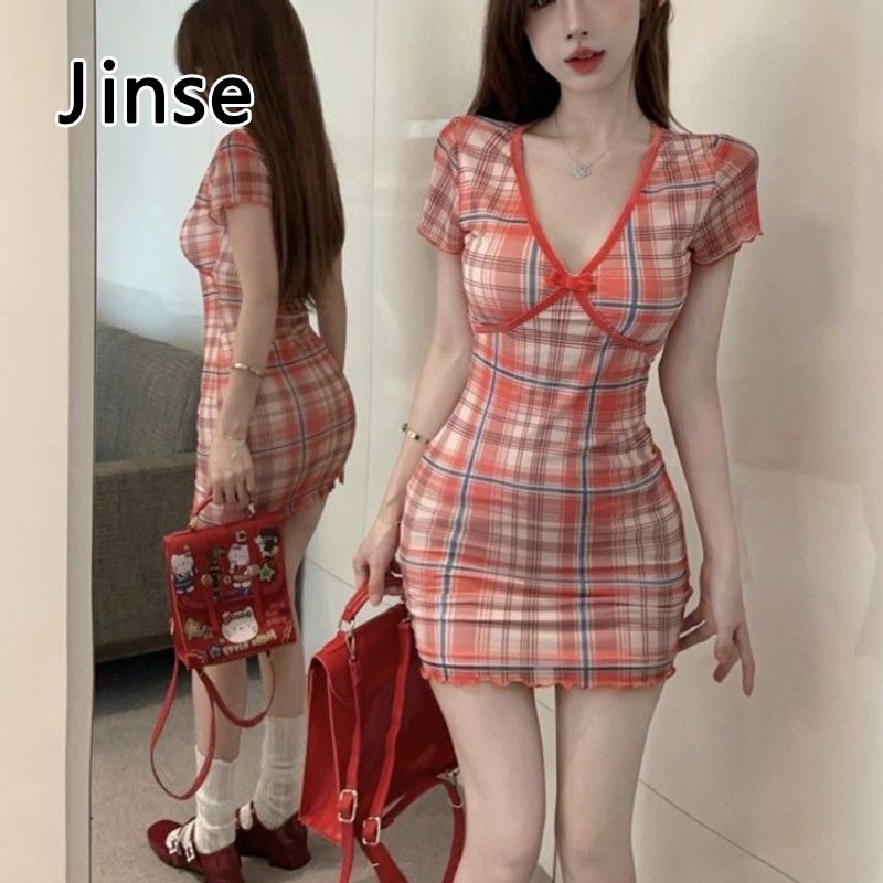 Jinse Red Plaid Short Sleeve Dress Women's Short Skirt V-neck