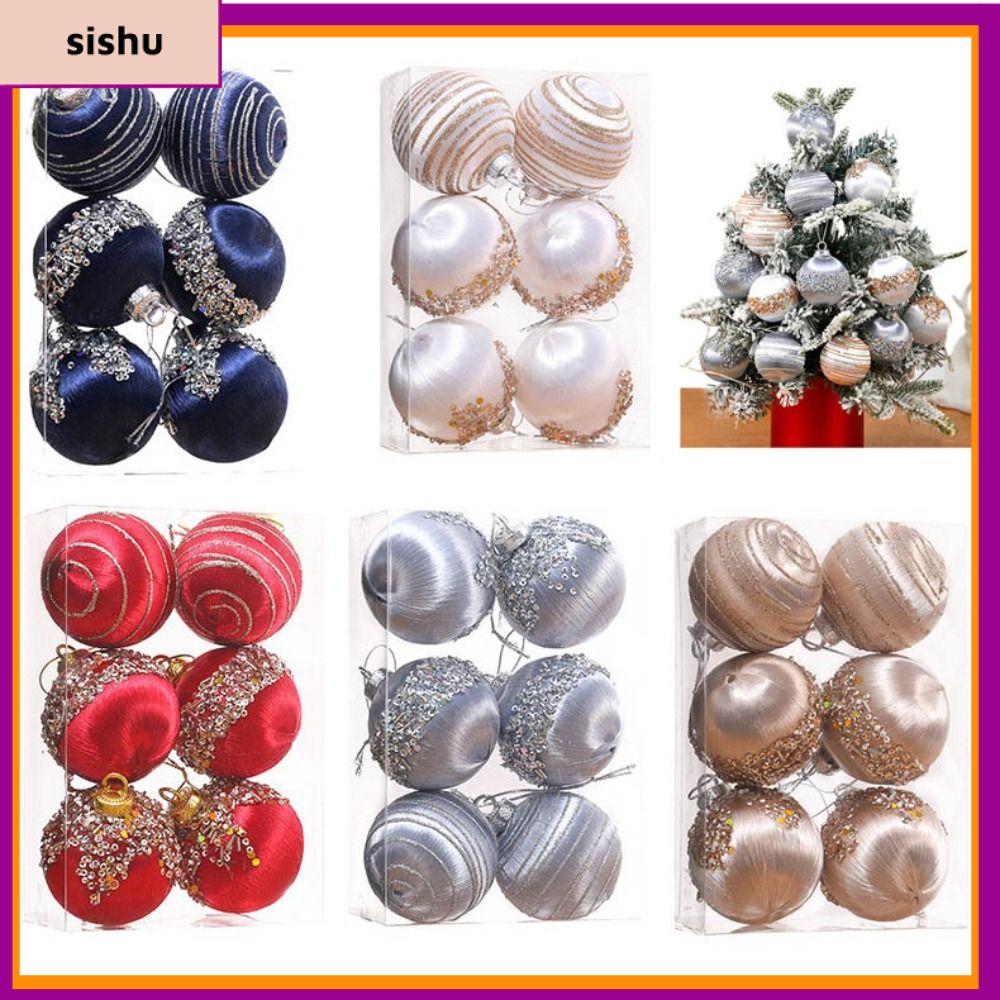 SISHU 6Pcs/Box Bóng sơn mạ điện Đồ trang trí Cây giáng sinh Sơn thủ công tự làm Nhựa dây chuyền Hộp quà tặng giáng sinh dây chuyền Trang trí Giáng sinh