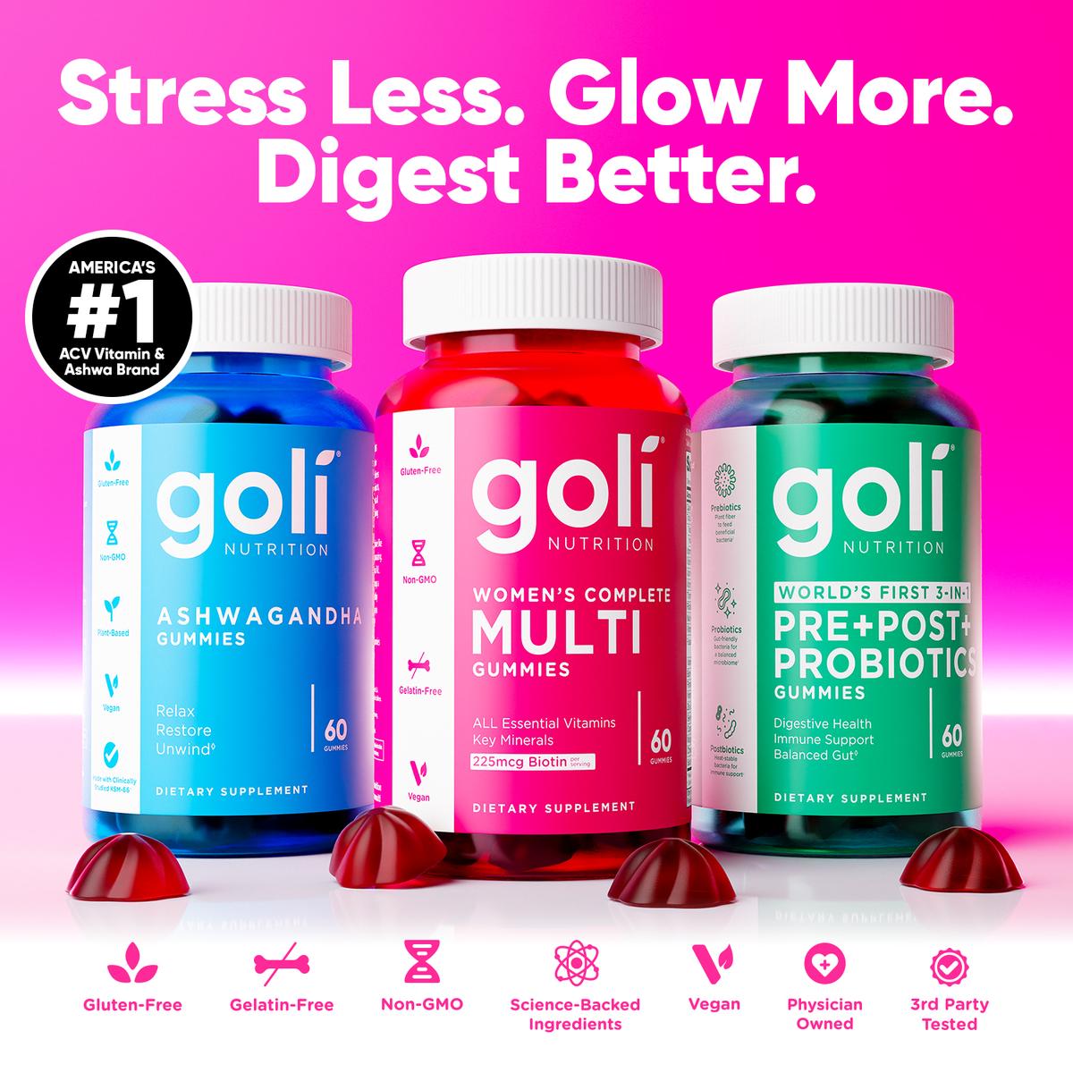 Stress Less, Glow More, Digest Better Bundle - World's First 3-in-1 Pre, Post, Probiotic, Women's Complete Multi All 13 Essential Vitamins, Ashwagandha & Vitamin D Gummies, Vegan, Non-GMO & Gelatin-Free Giá 827,221 Đồng*Miễn phí vận chuyển