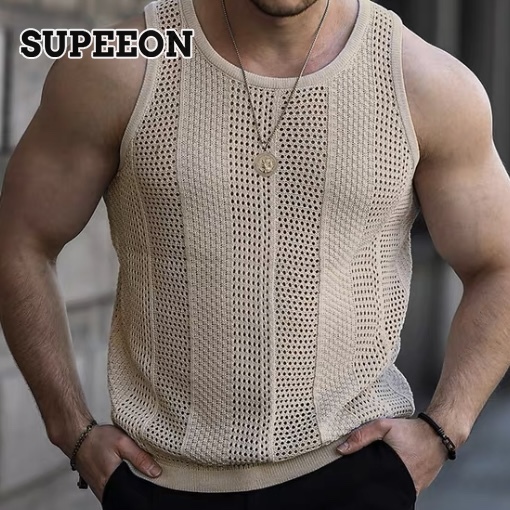 SUPEEON Men s new knitwear Loose sleeveless solid color mesh sweater vest