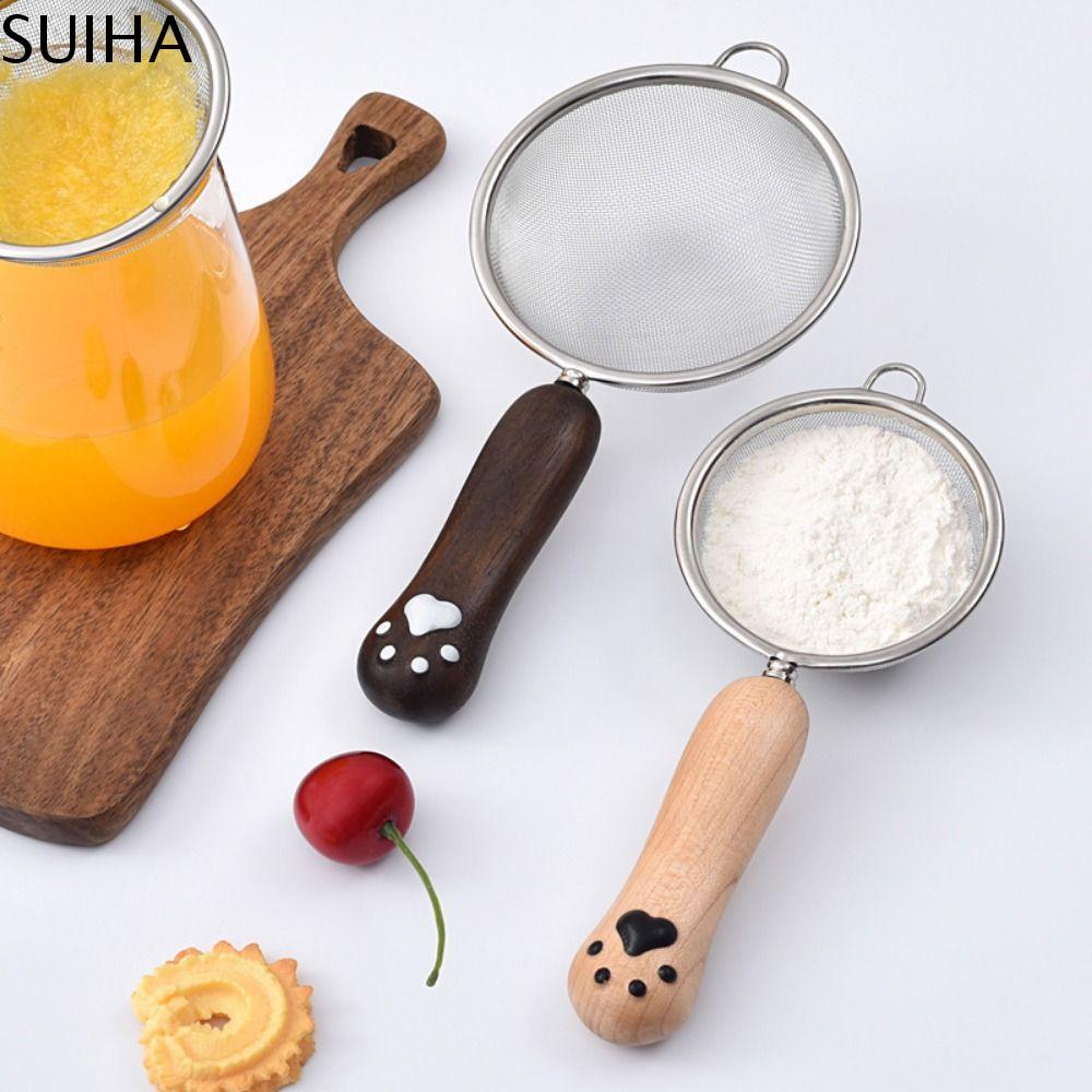 SUIHA Hoạt hình Bộ lọc thực phẩm Tay cầm bằng gỗ Cách nhiệt Sàng thép không gỉ nhỏ Dụng cụ pha trà Mịn Lọc dầu Dụng cụ