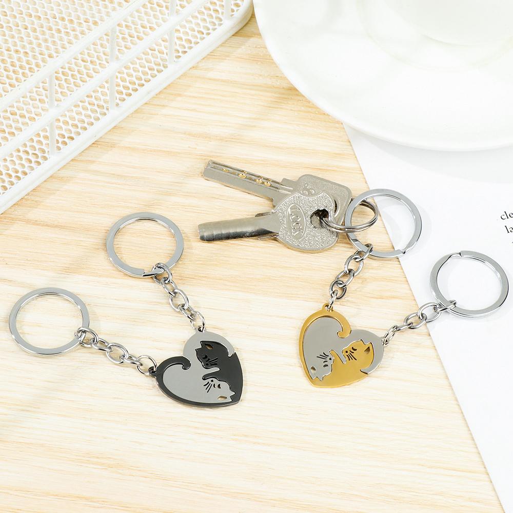 SENSET 2pcs Quà tặng ngày lễ tình nhân Vòng chìa khóa hình thú Vòng chìa khóa Móc khóa Móc khóa cặp đôi Móc chìa khóa Móc khóa cặp đôi mèo