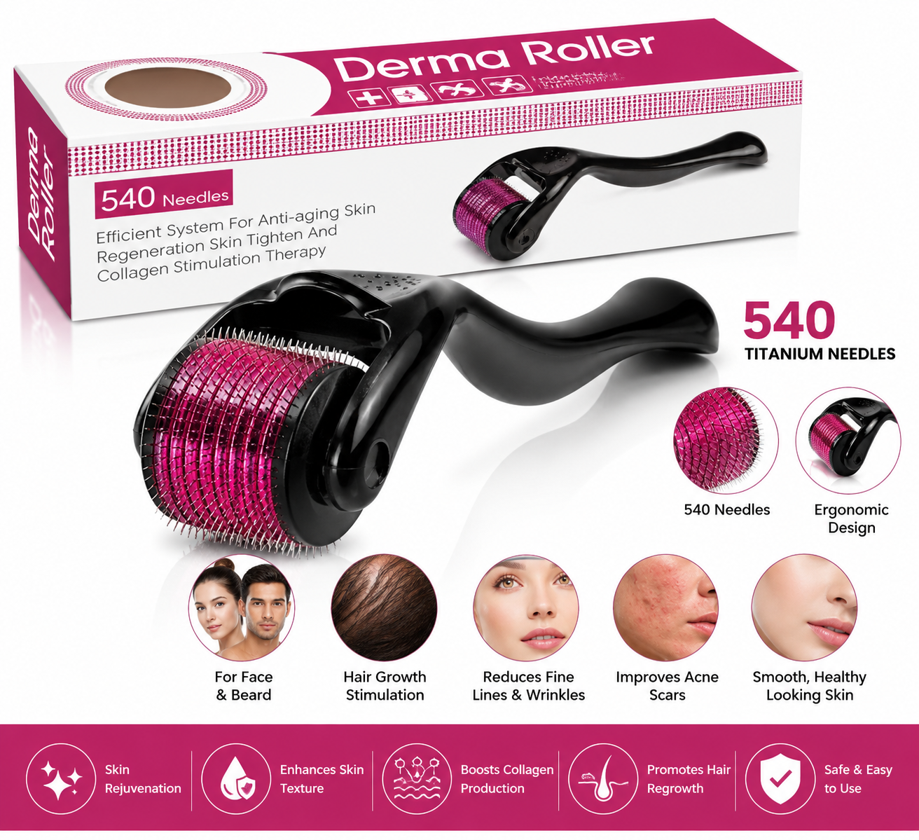 Derma Roller 0.5mm – Micro Needling Skin Care Roller for Face, Beard & Hair Growth | Titanium Microneedle Roller for Reducing Fine Lines, Acne Scars, Skin Rejuvenation & Smooth Healthy Looking Skin