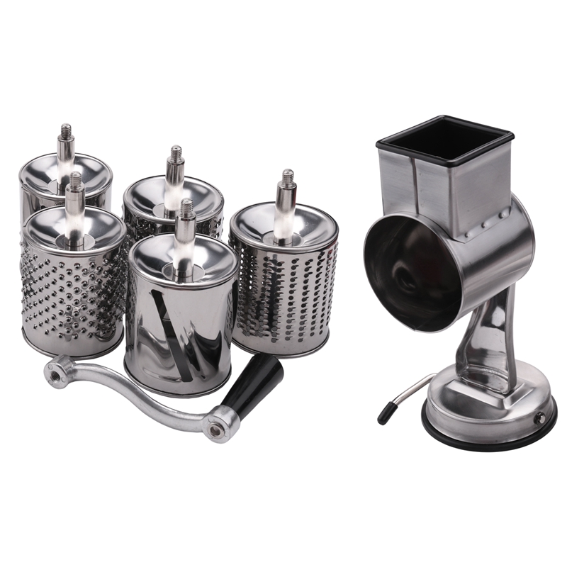 (G I Q S) Stainless Steel Cheese Grater, Rotary Chopper, Vegetable Shredder Salad Slicer Multi-Use Hand Grater Grinder 5 Blades
