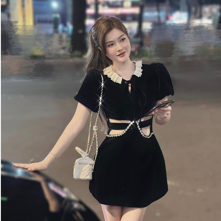 Váy nhung cổ ren khoét eo đính dây ngọc dáng ngắn đầm dự tiệc nữ thu đông