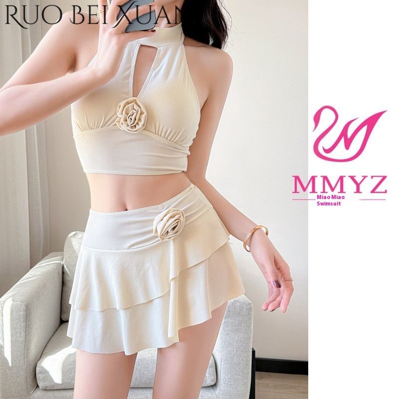 Ruo Bei Xuan Summer Fashion Flower Decoration Two-Piece Swimsuit Halter Top Short Skirt Two Piece Swimsuit Women ราคา 270 บาท*ส่งฟรี