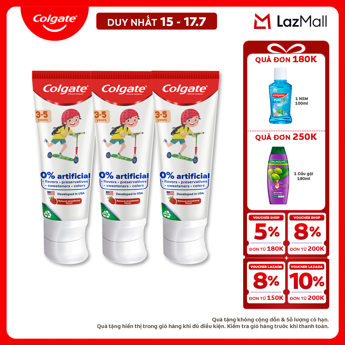 [Chỉ 15-17.7_X2 Voucher giảm đến 18%] Bộ 3 Kem đánh răng Colgate Kid Free From cho trẻ em 3-5 tuổi không hương liệu và chất bảo quản 80g/tuýp