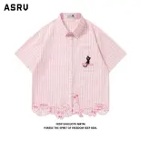 ASRV Áo sơ mi ngắn tay họa tiết kẻ caro thêu mèo dễ thương, dáng rộng thoải mái phong cách học sinh, phù hợp cả nam và nữ