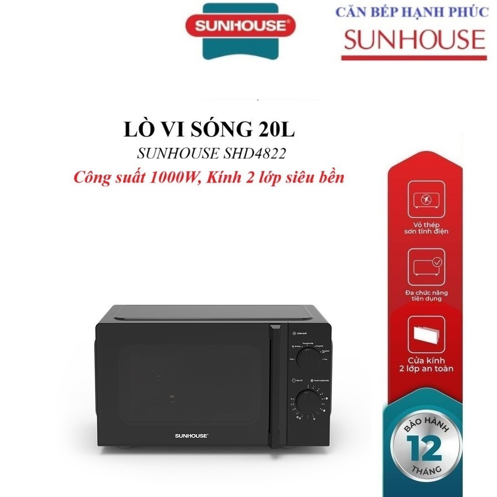 LÒ VI SÓNG 20L SUNHOUSE SHD4822, Công suất 1000W, 6 chế độ nấu, Cài đặt hẹn giờ, Kính 2 lớp siêu bền