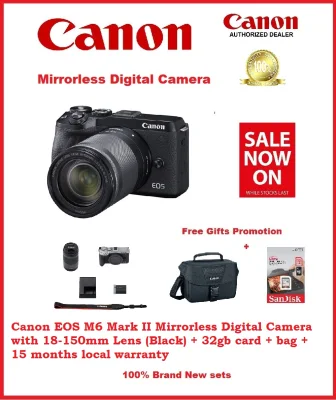Canon EOS M6 Mark II Mirrorless Digital Camera with 18-150mm Lens (Black) + 32gb card + bag +Additional Free Gift + 15 months local warranty
