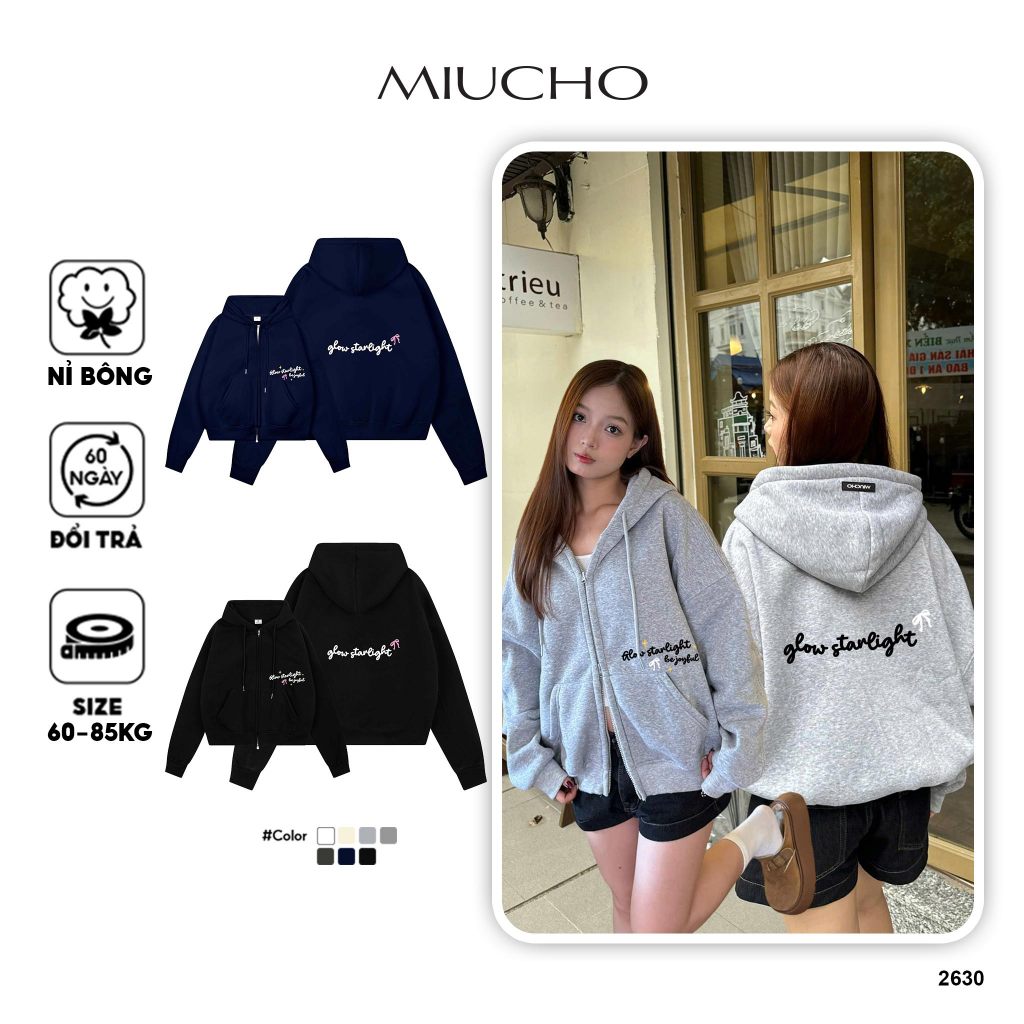  Áo hoodie zip form boxy in chữ 2630 Miucho chất vải nỉ bông cao cấp thoáng mát có nón in mix 