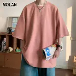 MOLAN Áo phông ngắn tay kiểu da lộn cho nam, áo mùa hè thường ngày rộng, thời thượng và đa năng