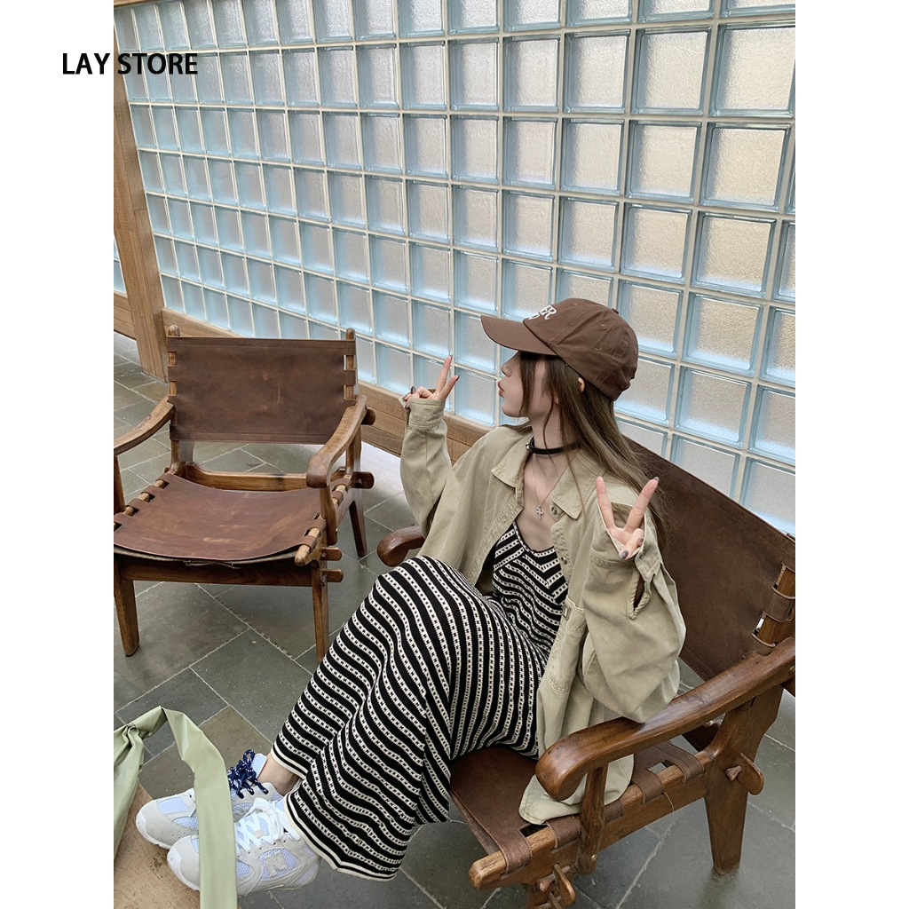 "MOTEL7" loose cargo shirt+striped knitted dress two-piece long sleeved shirt sunscreen ราคา 395 บาท*ส่งฟรี