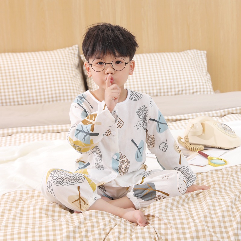 2023 Children's Pajamas Summer Thin Long sleeved Pure Cotton Boys' Baby Spring and Autumn Air Conditioning Clothing Gauze Cotton Yarn Home Clothingyj ราคา  461 บาท*ส่งฟรี