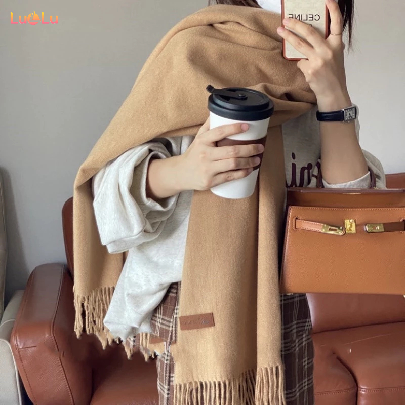Khăn len quàng cổ trơn nam nữ ulzzang Hàn Quốc, Khăn choàng cashmere mùa thu đông mềm mại chất lượng cao có tua rua