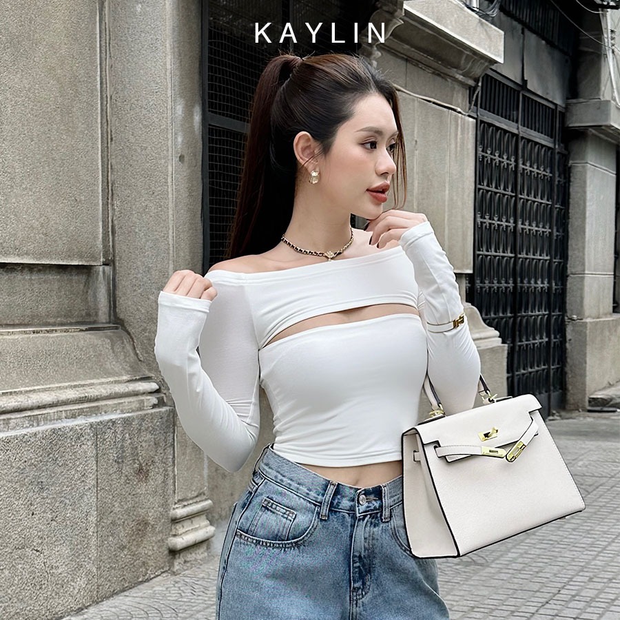Áo thun tay dài khoét ngực trễ vai chất vải gân co giản thoáng mát phong cách cá tính KAYLIN - N2166