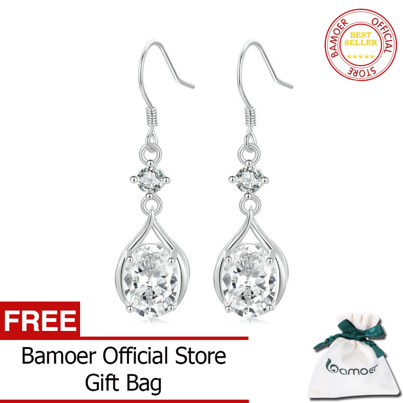 Bamoer vàng trắng Hơn 925 Sterling Bông tai sợi dài bạc Cổ Điển Trọng Lượng Nhẹ CZ Bông tai giọt nước Cho Phụ Nữ Bse1087