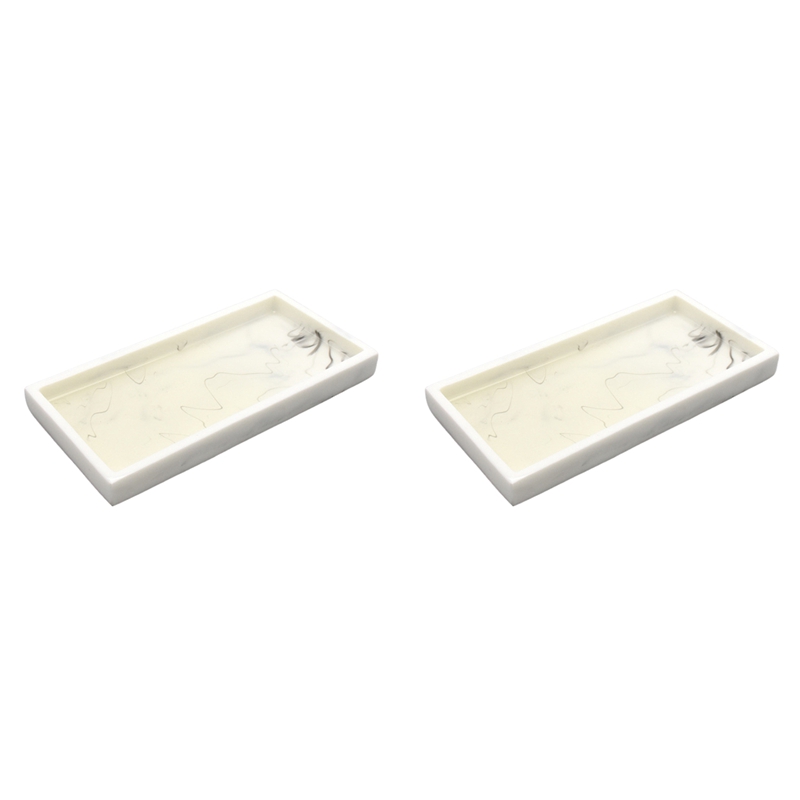2X Marble Pattern Resin Tray Non Slip Rectangular Plate Countertop Bathroom Soap Shampoo Storage Tray Home Decor,White