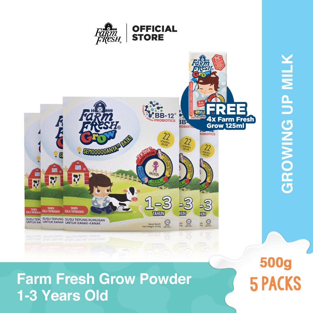 Ready stock🇲🇾Farm Fresh Grow Powder 1-3 Years Old 500g x 5 Packs + Farm Fresh Grow Formulated Milk 1-6 Years Old 125ml x 4 Packs