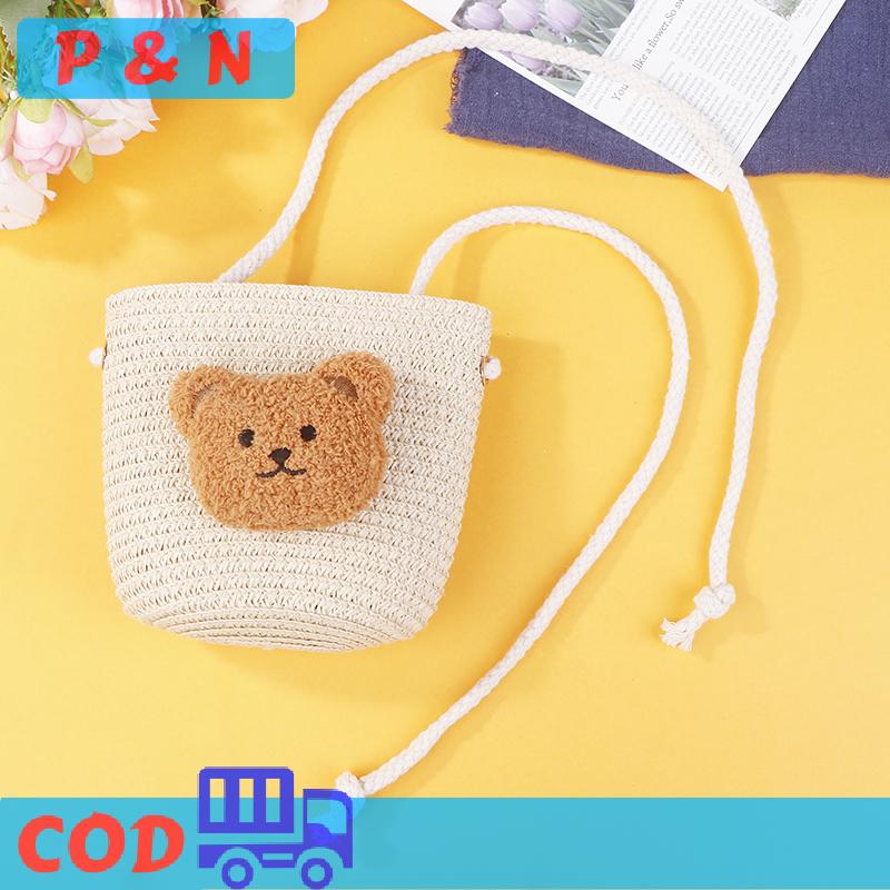 P&N Dễ thương phim hoạt hình gấu trẻ em Vai Túi mùa hè rơm dệt handmade túi mini bé trai cô gái đồng xu Ví trẻ mới biết đi Crossbody Túi