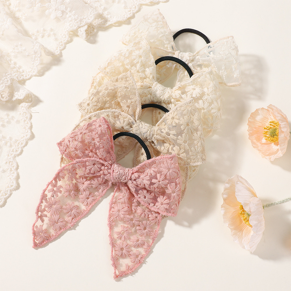 2 cái ren Băng đô co giãn với Thêu Bowknot cho nữ Phụ nữ dây buộc tóc cao su Dây cột tóc Phụ kiện tóc trẻ em
