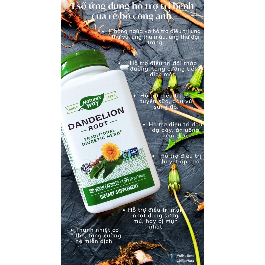 Rễ bồ công anh Dandelion Root Nature’s Way - cải thiện các chức năng của g an thông qua việc kí ch thí ch ga n một cách tự nhiên và thúc đẩy tiêu hóa. Nhờ các chất oxy hóa mà rễ bồ công anh có thể loại bỏ độ c tố tích tụ lâu ngày trong g an, giúp tái cân