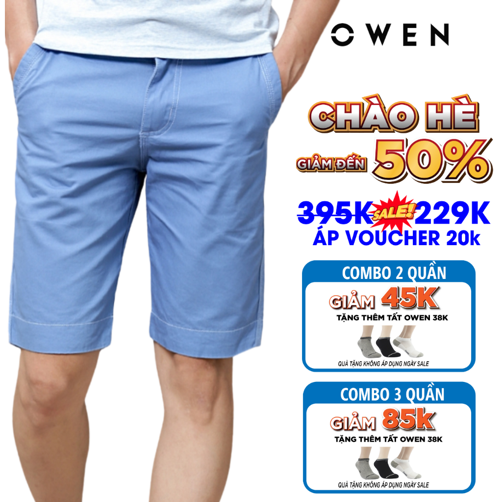 RSASTEWAWTE Quần short nam kaki OWEN màu xanh blue, chất vải cotton cao cấp, co giãn, trẻ trung, dáng slimfit năng động 32