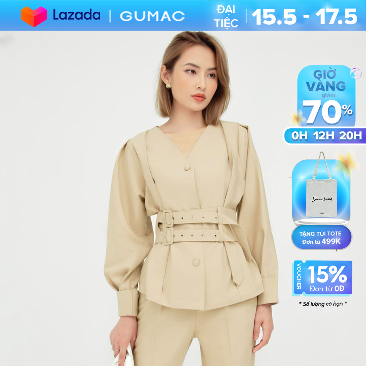 [15 - 17.5 | TẶNG QUÀ đơn từ 499K] Áo phối phụ kiện AB5131 GUMAC mẫu mới Chất Liệu Cotton Lạnh cổ V style cá tính
