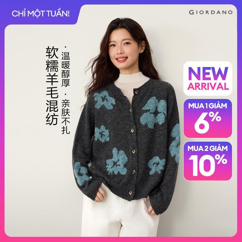 GIORDANO Women Cardigans Contrast Floral Jacquard Cardigans Crewneck Stretchy Fashionable Casual Loose Cardigans 18356818