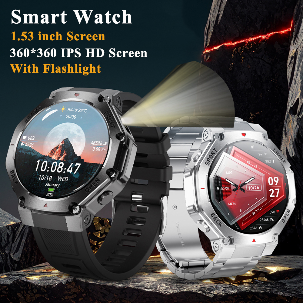 1.53" Outdoor Smart Watch With Flashlight Compass GPS Tracker Health Monitor 410mAh Waterproof Men Bluetooth Call Smartwatches ราคา 999 บาท*ส่งฟรี